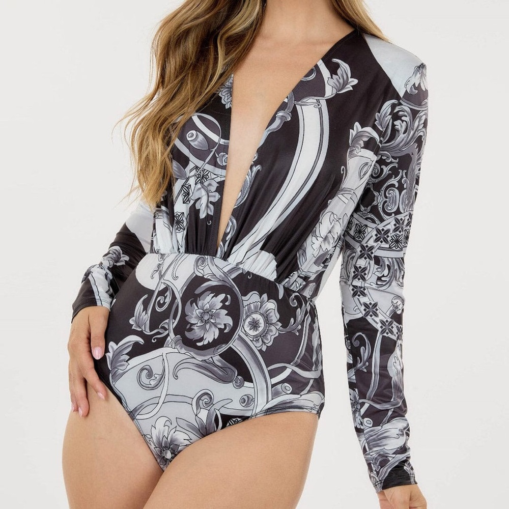 Women’s Printed Deep-V Long Sleeve Bodysuit